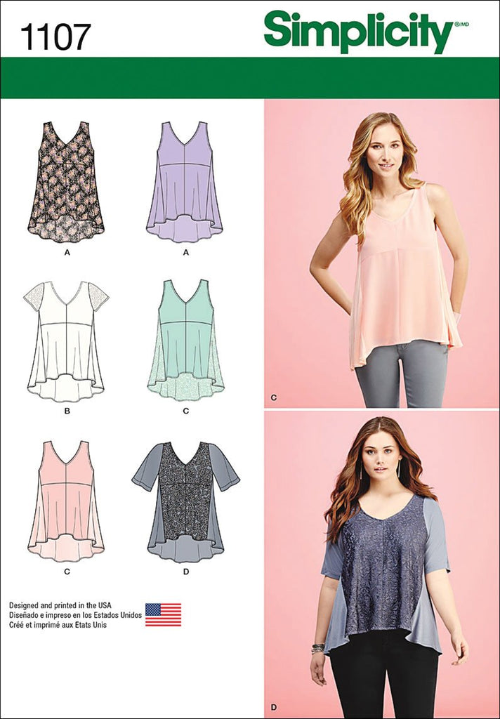 SIMPLICITY Patterns 1107 Misses' Tops with Fabric Variations, A (XXS-XS-S-M-L-XL-XXL)