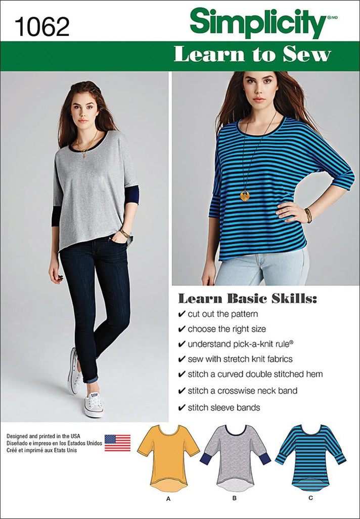 SIMPLICITY 1062 Misses' Learn to Sew Knit Tops Sewing Template, Size A (XXS-XS-S-M-L-XL-XXL)