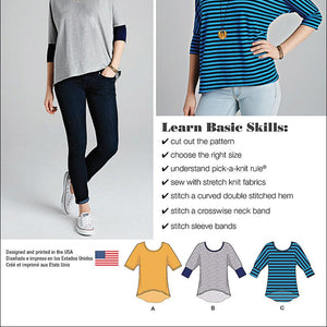 SIMPLICITY 1062 Misses' Learn to Sew Knit Tops Sewing Template, Size A (XXS-XS-S-M-L-XL-XXL)