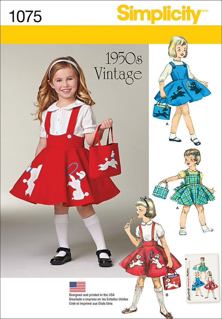 SIMPLICITY 1075 Child's Jumper, Skirt & Bag Sewing Template, Size A (3-4-5-6-7-8)