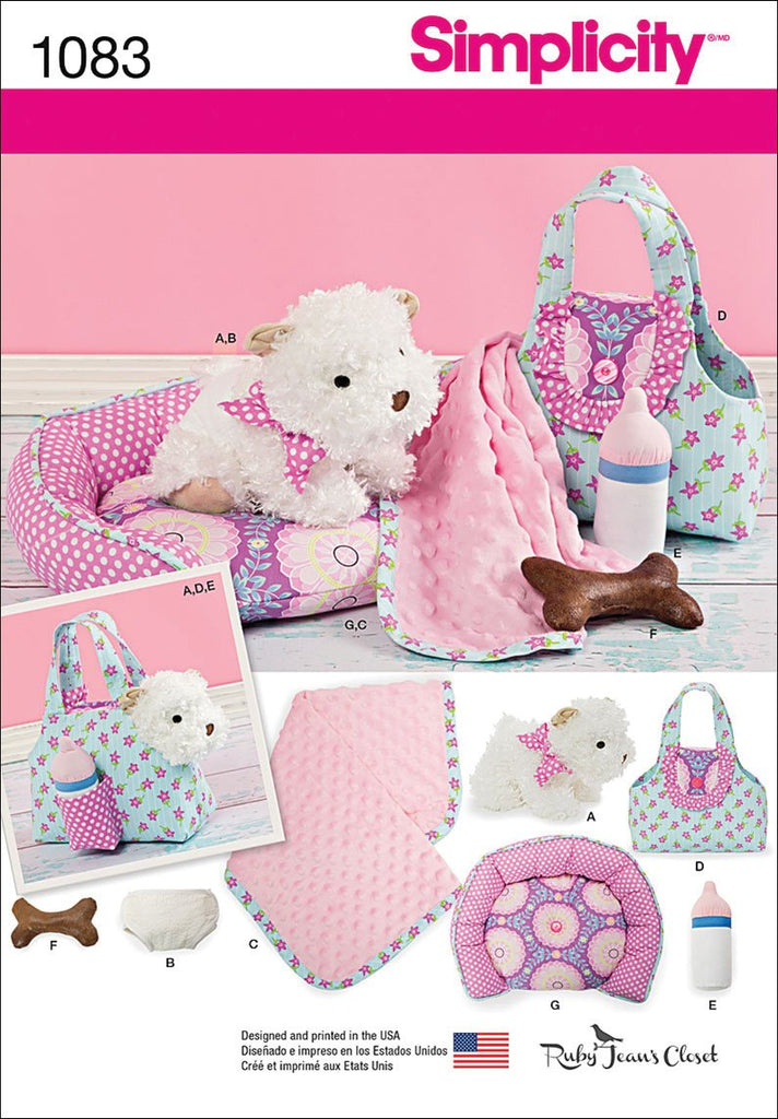 SIMPLICITY 1083 Stuffed Puppy & Accessories Sewing Template, Size OS (One Size)