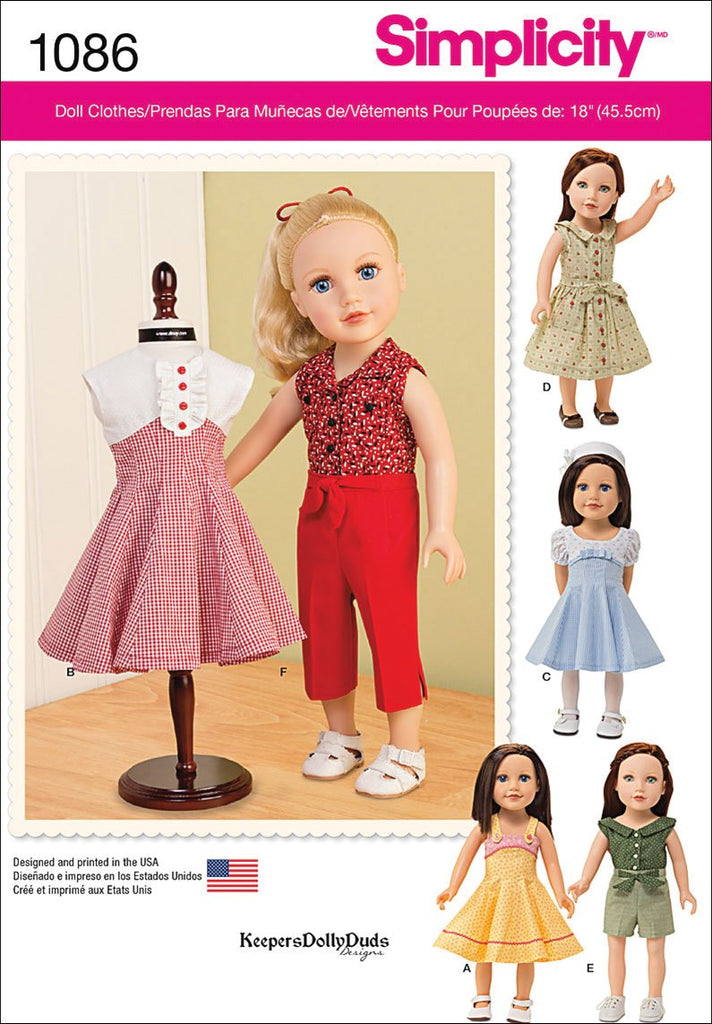 SIMPLICITY 1086 18" Doll Clothes Sewing Template, Size OS (One Size)