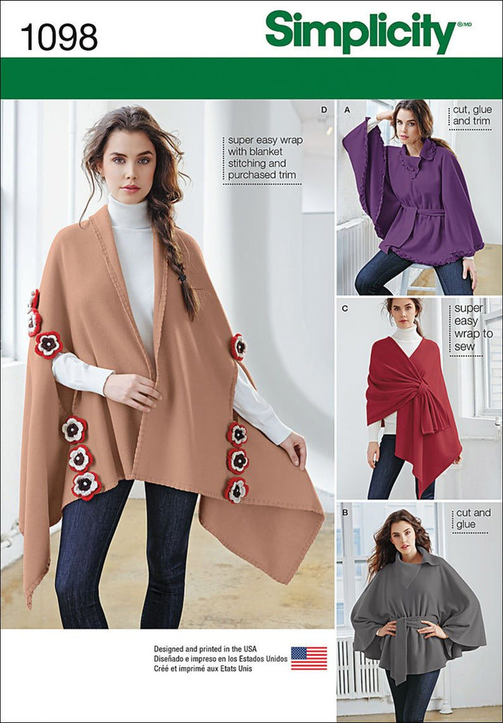 SIMPLICITY 1098 Misses' Fleece Ponchos & Wraps Sewing Template, Size OS (One Size)