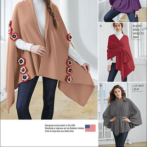 SIMPLICITY 1098 Misses' Fleece Ponchos & Wraps Sewing Template, Size OS (One Size)