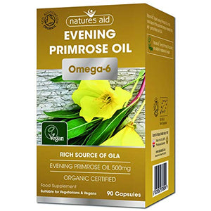 Natures Aid Organic Evening Primrose Oil, 500 mg, 90 Capsules (Omega 6 Gamma Linolenic Acid (GLA), Premium Omega Oil, Soil Association Certified, Vegan Society Certified, Made in the UK)