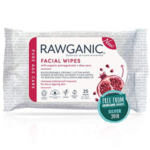 RAWGANIC Anti-aging Facial Wipes | Gentle Hydrating, Alcohol-free, Fragrance-free Biodegradable Organic Cotton Face Wipes | with Pomegranate and Aloe Vera | Pack of 25 Wipes