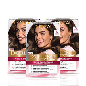 L'Oreal Paris Excellence Crème Brown Permanent Hair Dye, Up to 100% Grey Hair Coverage, Natural-Looking Hair Colour Result, Blonde Hair Dye Natural Brown Pack of 3