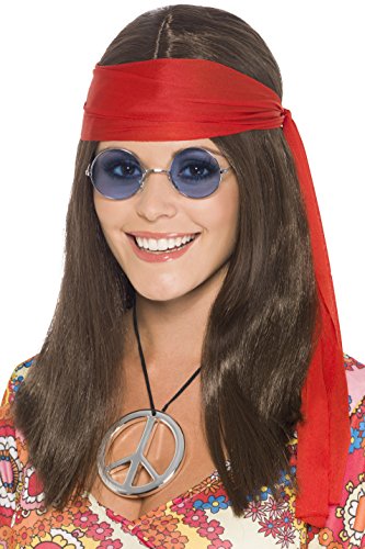 Smiffys Hippy Chick Kit Wig Specs Peace Sign Medallion and Headband - Brown