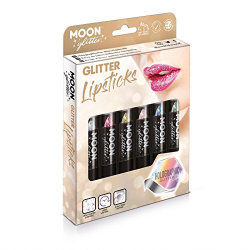 Holographic Festival Glitter Lipstick by Moon Glitter - 5g - Gift Set containing 6 Lipsticks - Silver, Pink, Gold, Rose Gold, Blue & Green