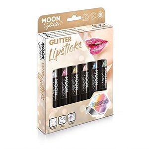 Holographic Festival Glitter Lipstick by Moon Glitter - 5g - Gift Set containing 6 Lipsticks - Silver, Pink, Gold, Rose Gold, Blue & Green