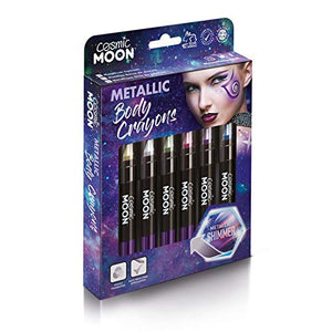 Cosmic Moon - Metallic Face Paint Stick/Body Crayon makeup for the Face & Body - 3.5g - Easily create metallic designs like a pro! - Gift Set - Includes: Pink, Gold, Blue, Green, Silver, Purple