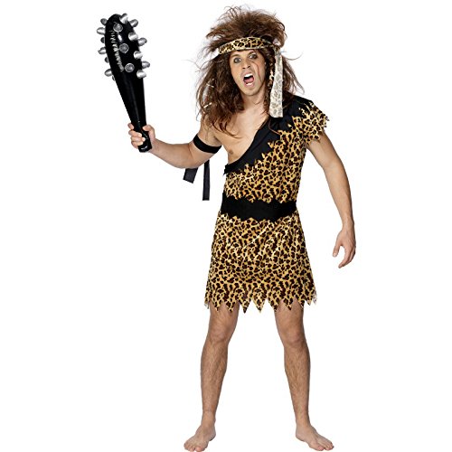 Smiffys Adult men's Caveman Costume, Tunic, Headband and Armband, Brown, XL - Size 46"-48"