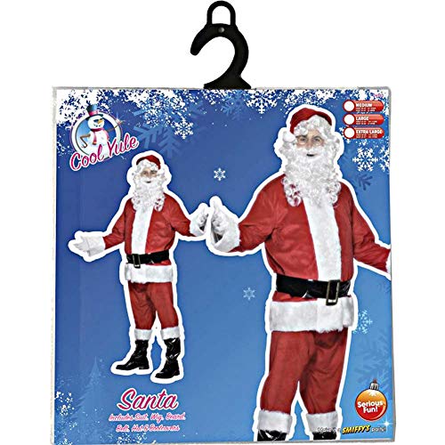 Smiffy's Men's Deluxe Santa Costume, Beard, Jacket, Trousers, Belt, Hat, Gloves & Boot Covers, Santa, Size: M, Colour: Red and White, 24502