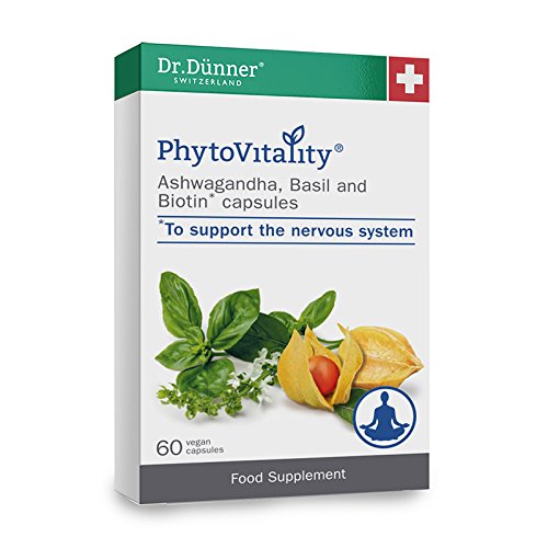 Dr.Dünner PhytoVitality ASHWAGANDHA, BASIL & BIOTIN 60 Capsules (60 days supply)| Hectic Life | Botanical Food Supplement | Non– GMO | Vegan |Gluten-free | Lactose free. Produced In Switzerland