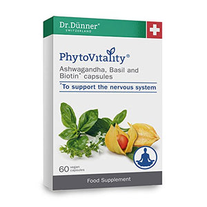 Dr.Dünner PhytoVitality ASHWAGANDHA, BASIL & BIOTIN 60 Capsules (60 days supply)| Hectic Life | Botanical Food Supplement | Non– GMO | Vegan |Gluten-free | Lactose free. Produced In Switzerland