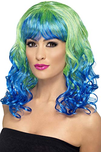 Smiffys Divatastic Wig Curly with Blue Fringe - Green/Blue