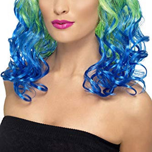 Smiffys Divatastic Wig Curly with Blue Fringe - Green/Blue