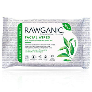 RAWGANIC Refreshing Facial Wipes | Gentle Soothing, Alcohol-free, Fragrance-free, Biodegradable Organic Cotton Wipes | with Aloe Vera and Green Tea | Pack of 25 Wipes