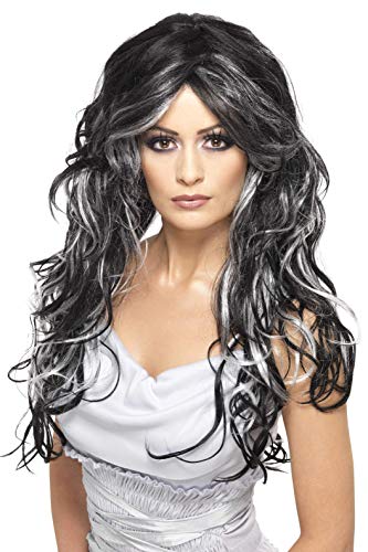 Smiffys Women's Long and Curly Wig with Silver and Black Streaks, One Size, Gothic Bride Wig, 5020570358283