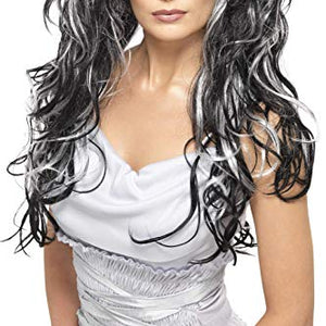 Smiffys Women's Long and Curly Wig with Silver and Black Streaks, One Size, Gothic Bride Wig, 5020570358283