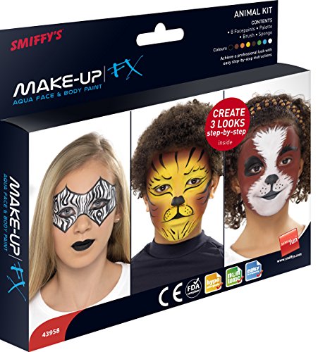 Smiffys Make-Up FX Aqua Animals Kit Includes Eight Colours Brush, Sponge and Step by Step Guide