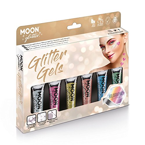 Holographic Face & Body Festival Glitter Gel by Moon Glitter - 12ml - Glitter Face Paint - Gift Set containing 6 Gels - Silver, Pink, Gold, Rose Gold, Blue & Green