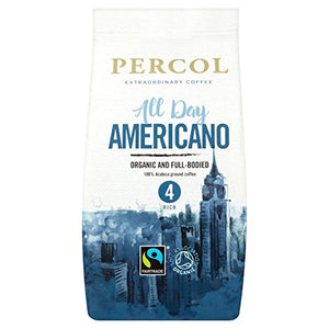 PERCOL Fairtrade Organic All Day Americano Ground Coffee Rich, Smooth Medium Strength 100% Arabica Beans - Finely Ground Classic Blend 200g 1 Pk