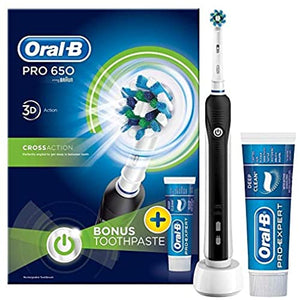 Oral-B Pro 650 Cross Action Electric Rechargeable Toothbrush Powered by Braun, 1 Black Handle, 1 Toothbrush Head, 1 Oral-B Pro-Expert Professional Protection Toothpaste 75 ml, 2 Pin UK Plug