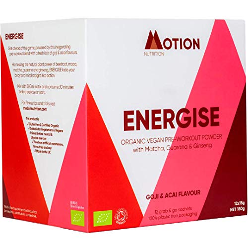 Energise | Organic Pre Workout Powder | Goji & Acai Flavour | with Matcha, Guarana, Ginseng, Maca and Beetroot | 100% Vegan | Contains 12 x 15g Servings