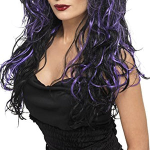 Smiffys Women's Long Black and Purple Streaked Wig with Curls, One Size, Gothic Bride Wig, 5020570356838