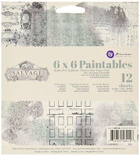 Prima Marketing 584146 Salvage District Paintable Watercolor Paper Pad (12/Pack), 6" by 6", Multicolor