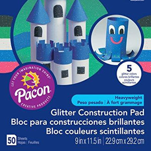 Pacon Glitter Construction Paper Pad, 5 Assorted Colors, 9" x 11-1/2, 50 Sheets