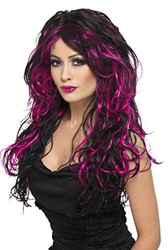 Smiffys Women's Long and Curly Wig with Pink and Black Streaks, One Size, Gothic Bride Wig,5020570230527