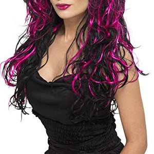 Smiffys Women's Long and Curly Wig with Pink and Black Streaks, One Size, Gothic Bride Wig,5020570230527