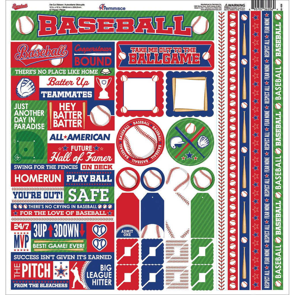 Reminisce BSB-100 Baseball Cardstock Sticker, 12" by 12", Multicolor