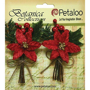 PETALOO Botanica Holiday Pine Picks 1.75"X3.5" 2/Pkg-W/Red Poinsettia & Red Berries