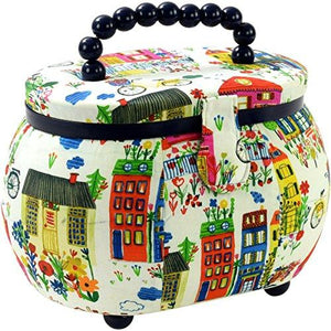 Sewing Basket Oval-9.5x6.75x7.25 Colorful Building Print