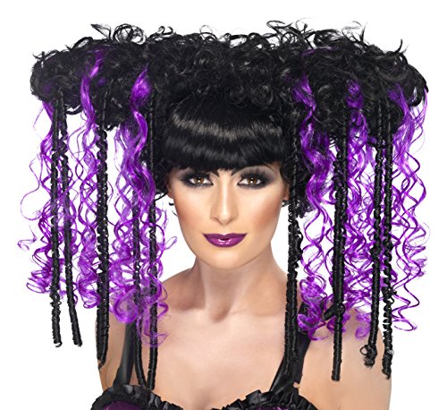 Smiffys Women's Black and Purple Streaked Volume Wig with Curls and Bangs, One Size, Gothic Emo Wig,5020570375570