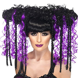 Smiffys Women's Black and Purple Streaked Volume Wig with Curls and Bangs, One Size, Gothic Emo Wig,5020570375570