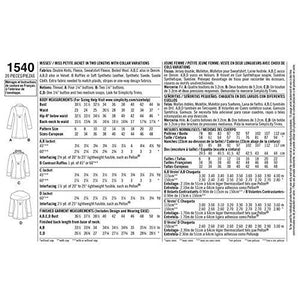 Simplicity Pattern 1540 Misses Miss Petite Jacket, 2 Lengths, Collar Variations Size 6-8-10-12-14